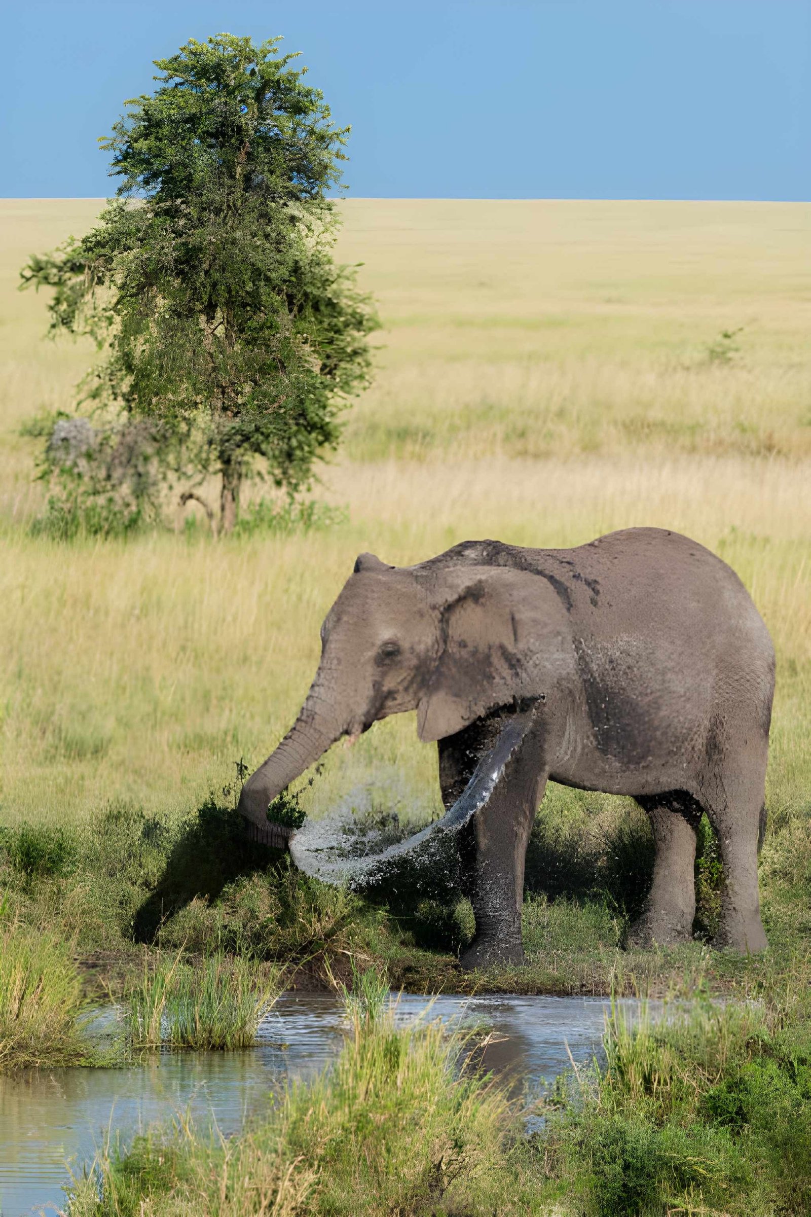 An African elephant walking through open grassland, kicking up dust with its trunk lowered.