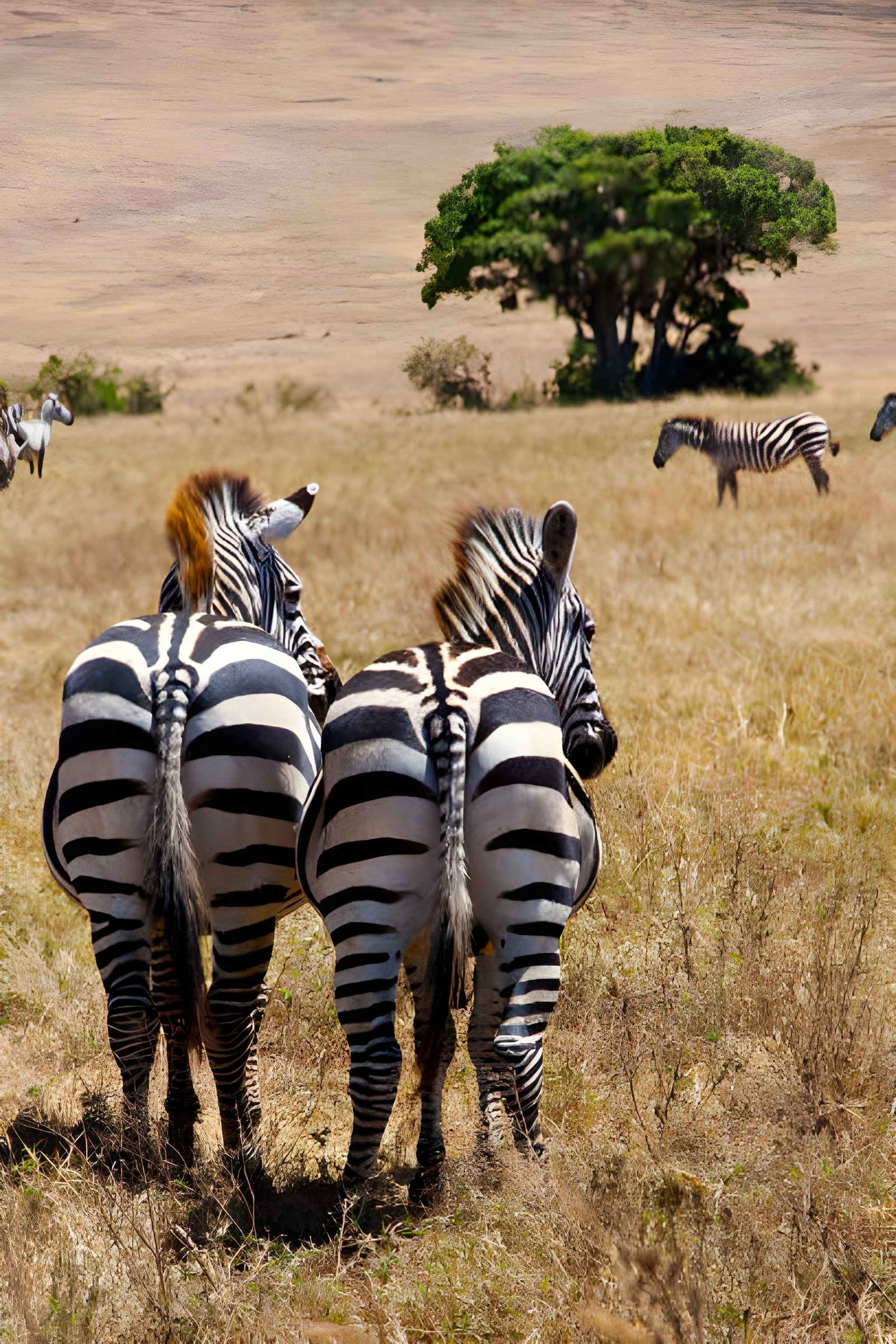 wo zebras standing side by side in an open savanna with wild animals grazing in the background.