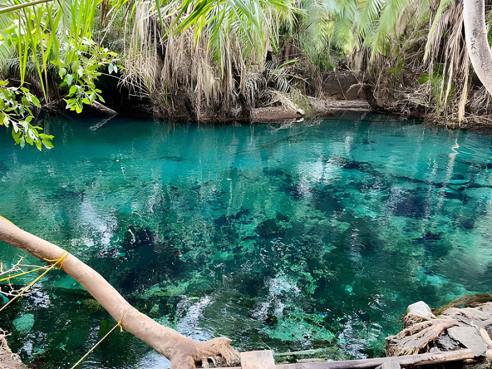 Crystal-clear turquoise natural hot spring pool surrounded by lush green trees and foliage.