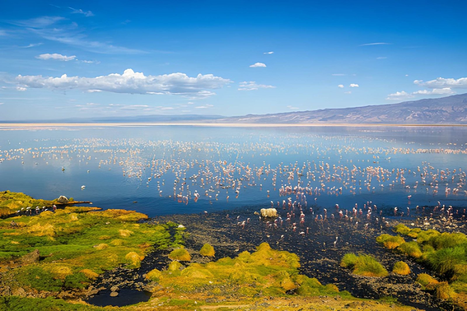 A vast flock of pink flamingos wading along the edge of a wide, sunlit alkaline lake.