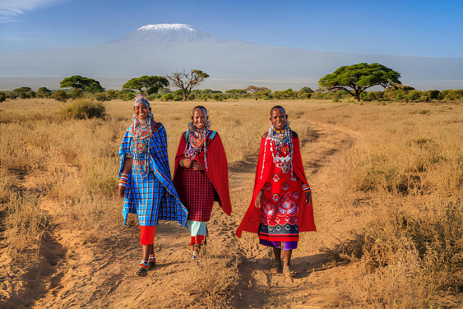 Maasai women dressed in vibrant traditional red shúkà garments standing in an open savanna landscape.