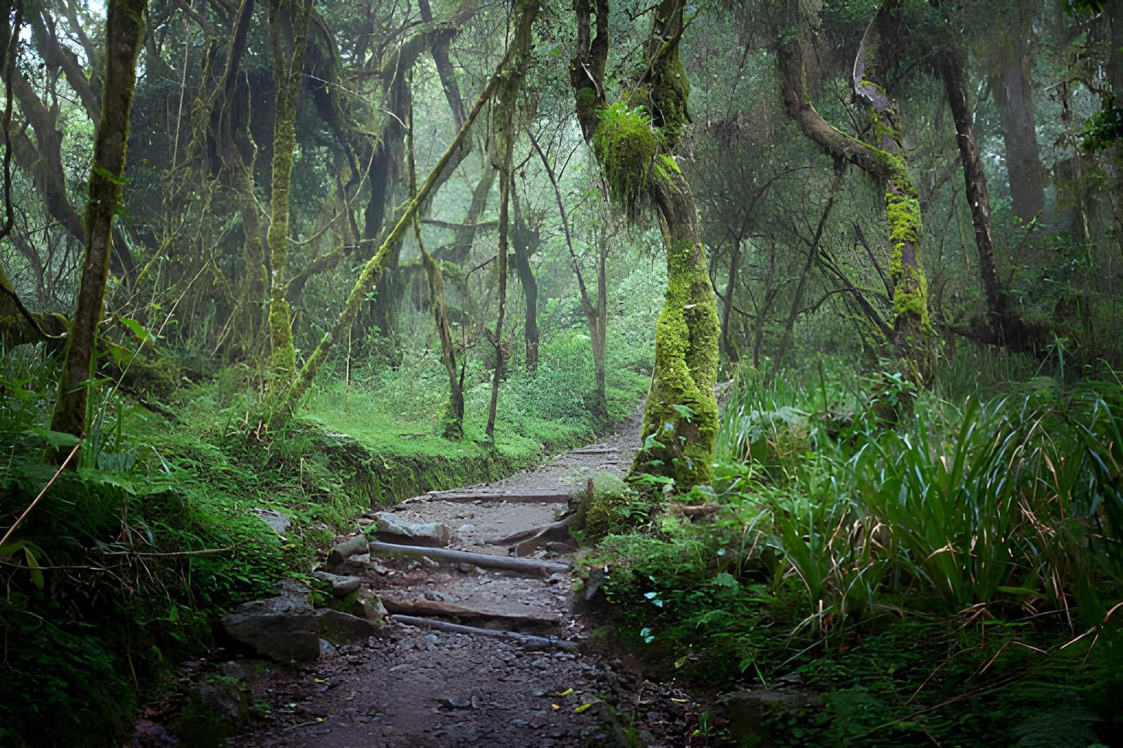 A lush, green rainforest path surrounded by dense canopy foliage and tall trees.