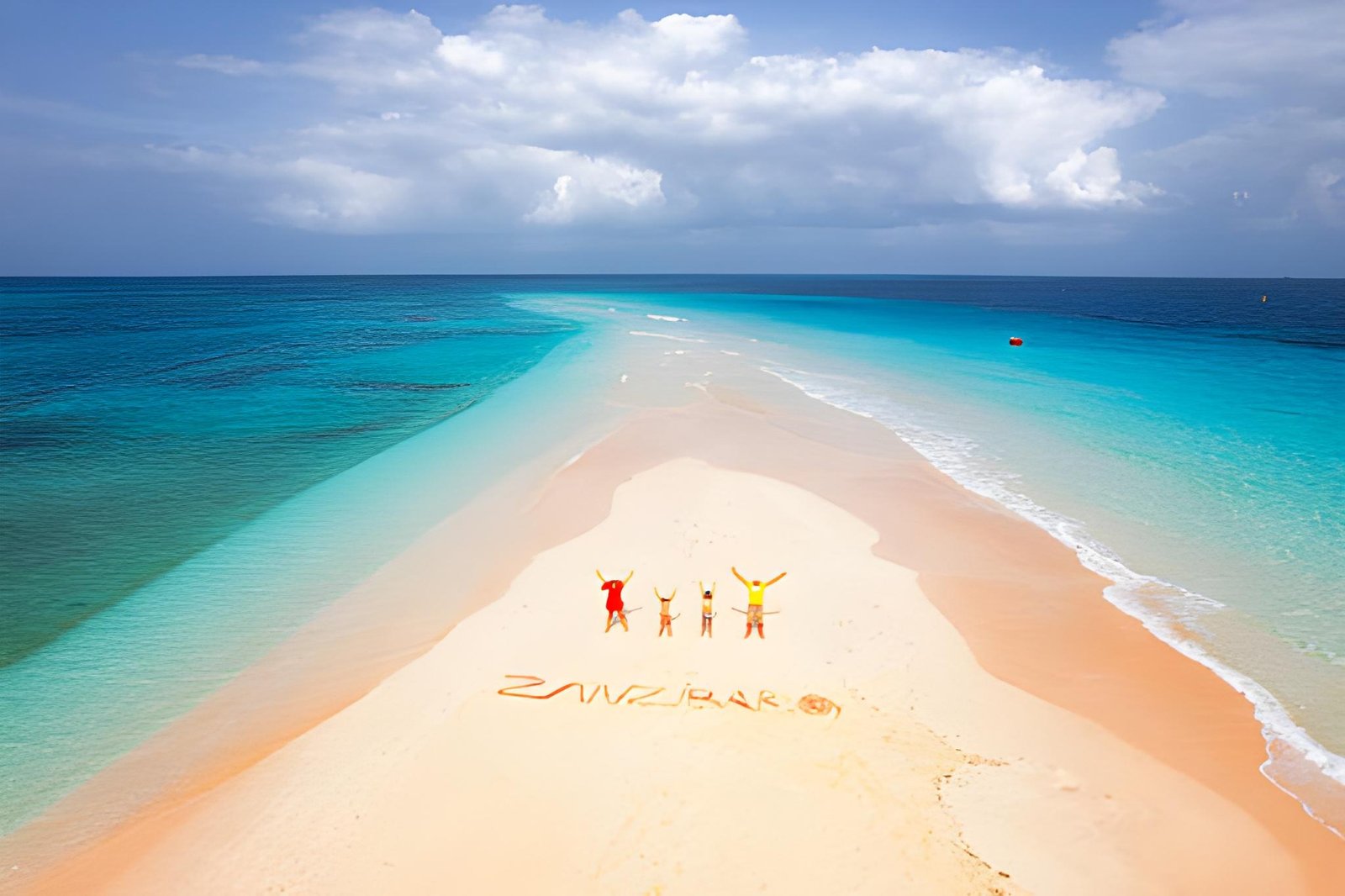 Aerial view of a tropical sandbank surrounded by turquoise ocean waters with a few people walking along the shore.