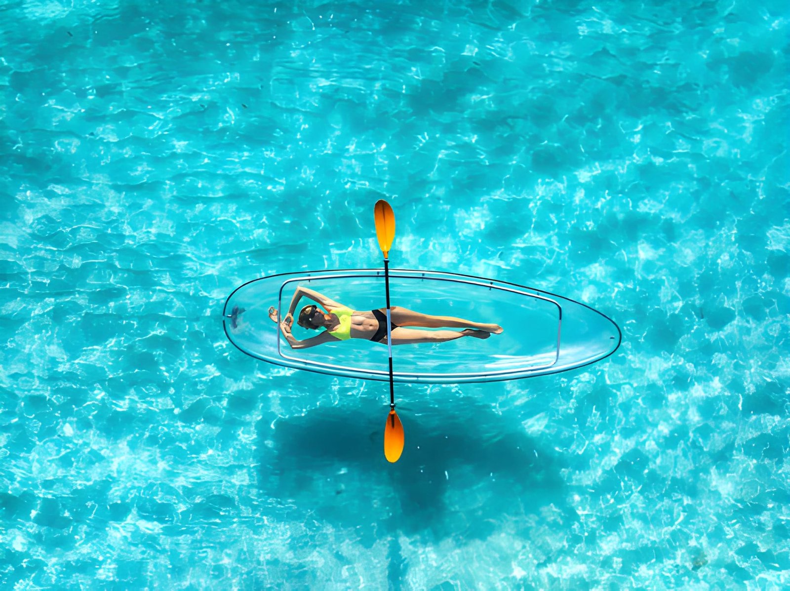A person relaxing on a clear kayak floating over crystal-clear, bright blue sea waters.