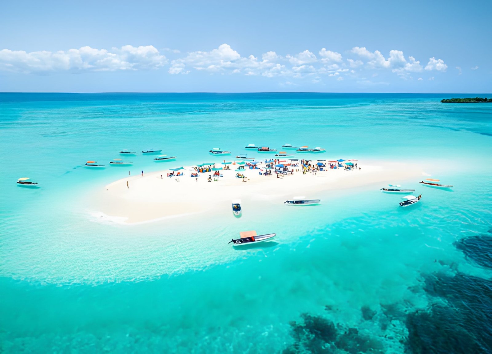 Aerial view of a tropical sandbank surrounded by turquoise ocean waters with a few people walking along the shore.